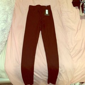 Brown Elastic Tie Ribbed Leggings